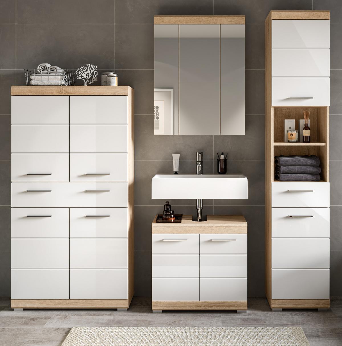 BADMÖBEL-SET weiß Hochglanz, Eiche 4-teilig 186 cm, viel Stauraum - Weiß Hochglanz/Eichefarben, Holzwerkstoff (186/191/34cm) - Inn.Furn
