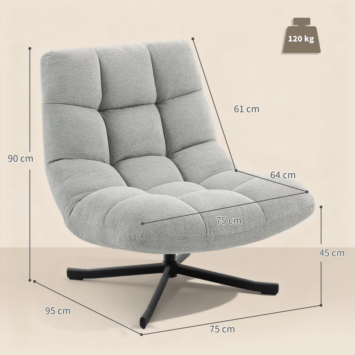 LOUNGESESSEL Chenille Stahl Hellgrau - Hellgrau/Schwarz, Textil/Metall (75/90/95cm) - HOMCOM