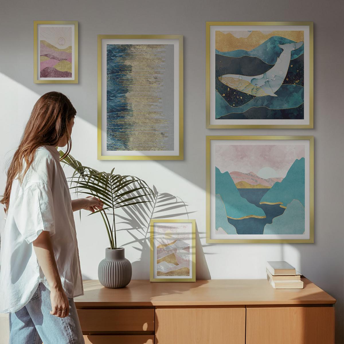BILDER SET 5er Set - 50x50 cm & 20x30 cm & 40x60 cm Goldrahmen - Abstrakte Berge Sonne - Goldfarben, Kunststoff (40/60cm) - TULUP
