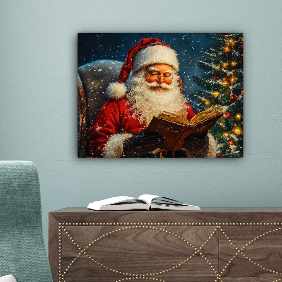 LEINWANDBILD Weihnachtsmann - Weihnachten - Winter - Weihnachtsbaum Wandbild 40x30 cm - Bordeaux, Textil (40/30cm) - MuchoWow