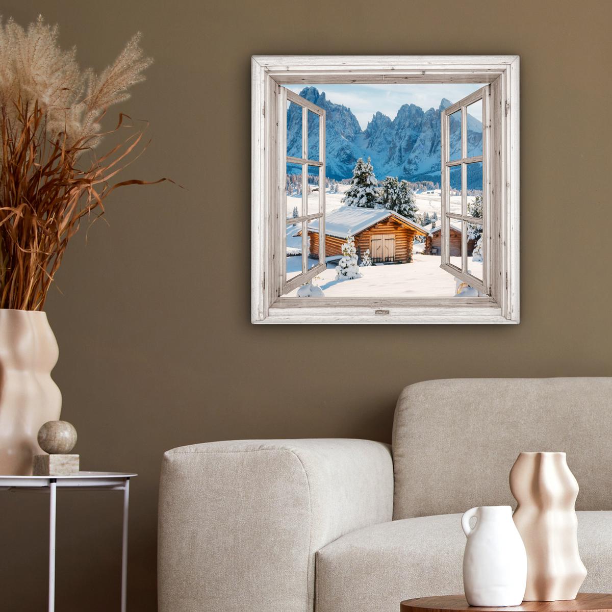 LEINWANDBILD Winterlandschaft - Hütte - Berge - Ausblicke - Aussicht - Natur Wandbild Wohnzimmer 50x50 cm - Weiß Hochglanz, Textil (50/50cm) - MuchoWow