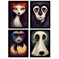 POSTER Set mit 4 Hören Tier im T Burton Goth Stil A4 Schwarzer Rahmen - Schwarz, Papier (29.7/3cm) - Nacnic