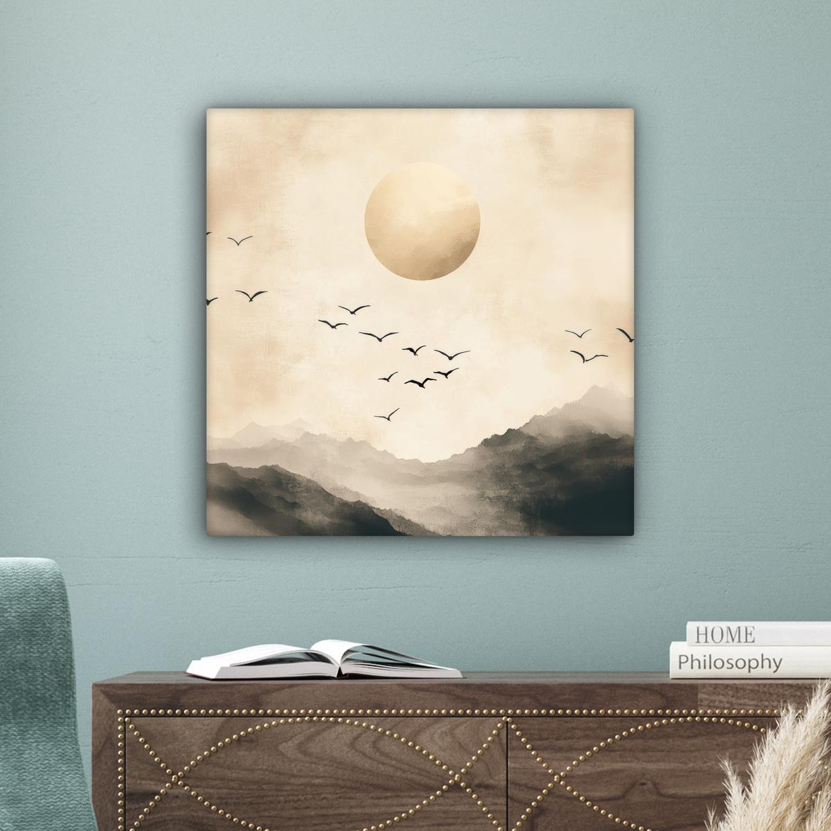 LEINWANDBILD Landschaft - Japandi - Vogel Wandbild Wohnzimmer 50x50 cm - Beige, Textil (50/50cm) - MuchoWow