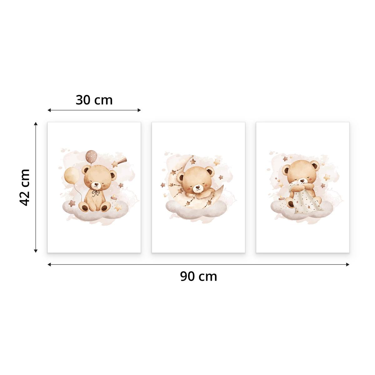 POSTER SET für Kinderzimmer Schlafende Bären auf Wolken Sterne 3x Poster A3 30x42cm - Beige/Braun, Papier (30/42/1cm) - Muralo