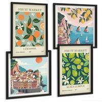 BILDER SET 4er Set - 50x50 cm & 40x60 cm Schwarzer Rahmen - Vintage-Poster mit Fruchtmustern - Schwarz, Kunststoff (50/50cm) - TULUP