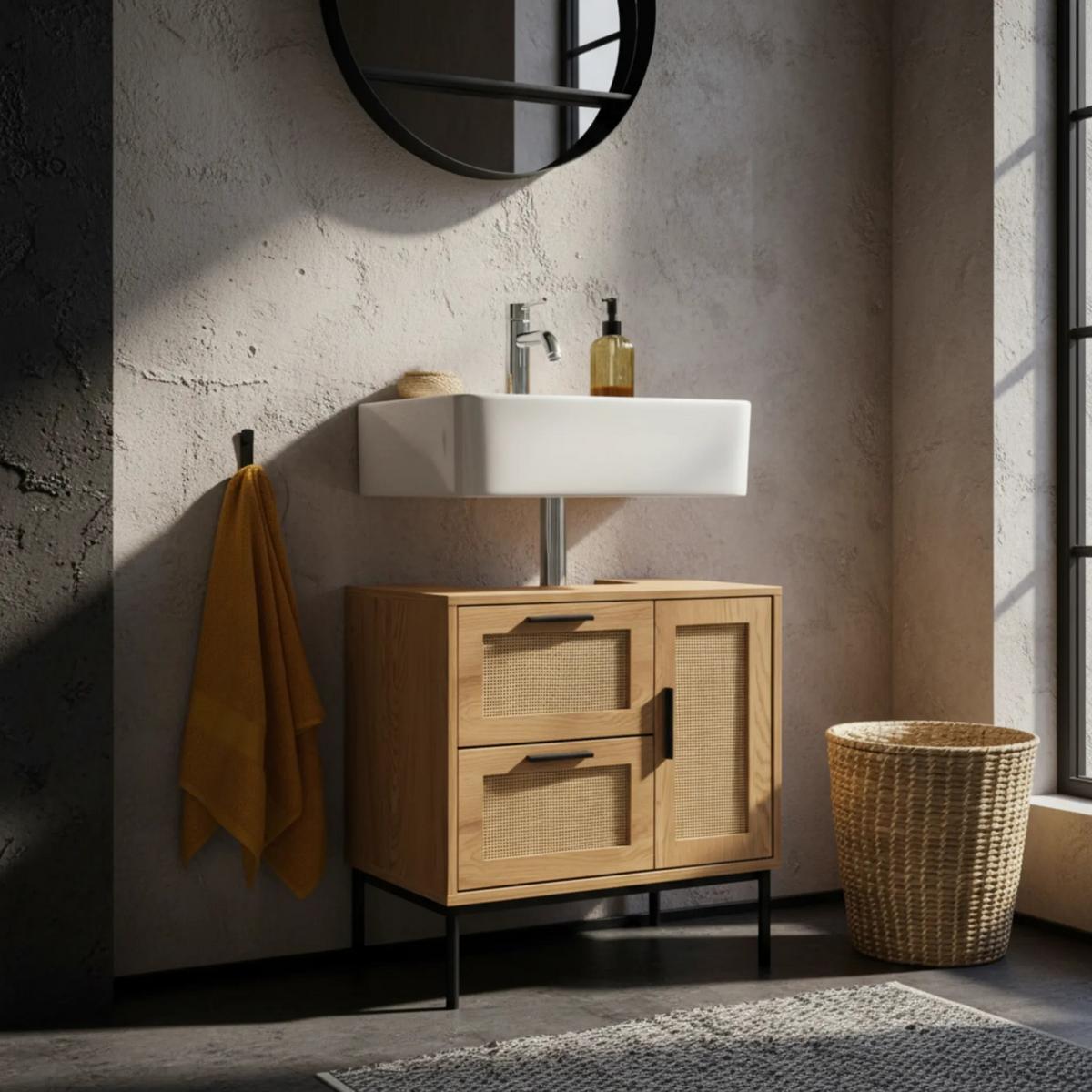 WASCHBECKENUNTERSCHRANK Eiche-Optik 60x60x40 cm mit Tür, Schubladen und Rattangeflecht - Schwarz/Braun, Holzwerkstoff/Metall (60/60/40cm) - KADIMA DESIGN