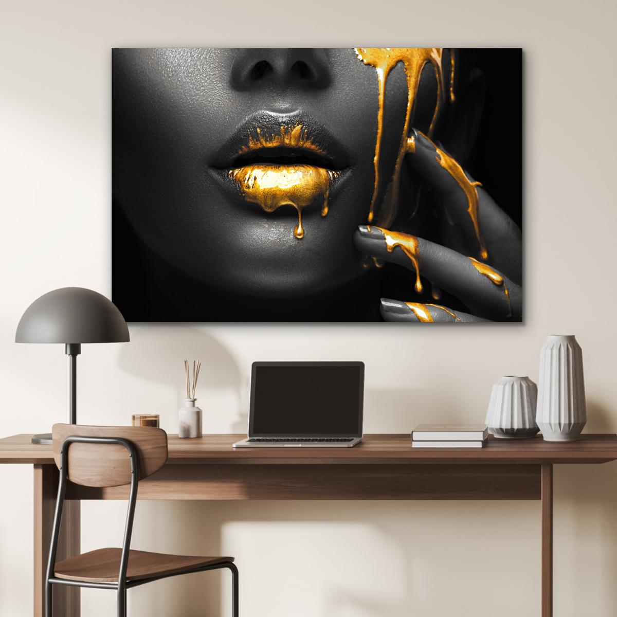 METALLBILD Frau - Schwarz - Gold - Gesicht - Lippen Deko Groß 120x80 cm - Goldfarben, Metall (120/80cm) - MuchoWow