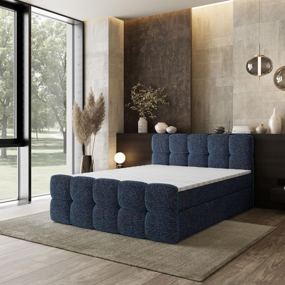 BOXBETT BRUME 180x200 cm mit Matratze und Topper, H2+H3 - Blau - Blau, Holz (180/200cm) - MASSENO