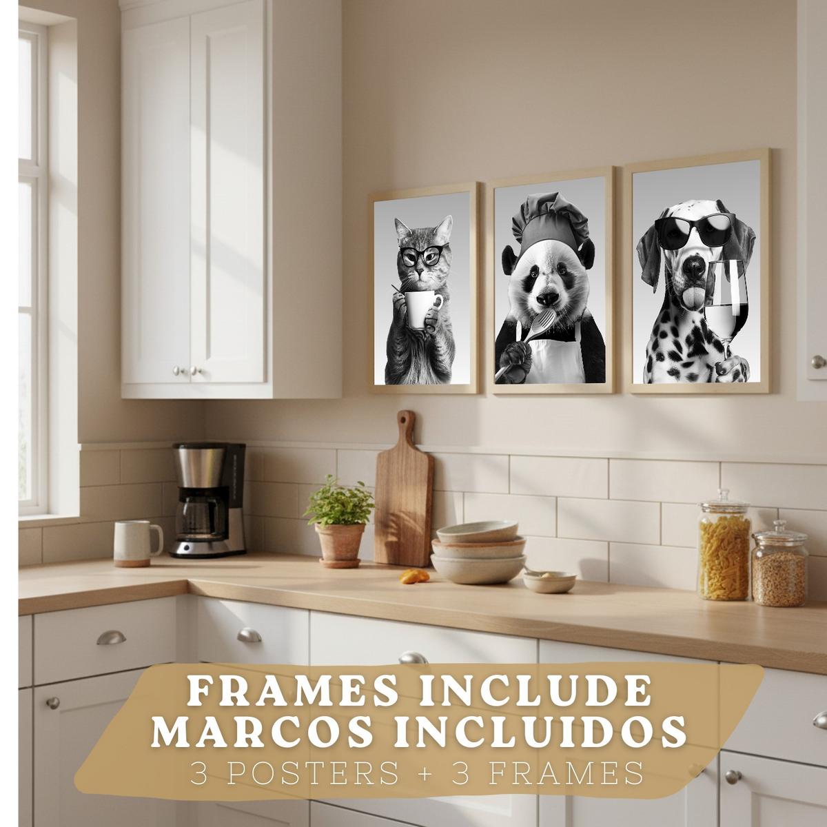 POSTER 3er Set Lustige Tiere Schwarz Weiß Wandbilder Katze Dalmatiner und Panda Koch Küche Wanddeko Rahmenlos A4 - Beige, Papier (29.7/1/21cm) - Nacnic
