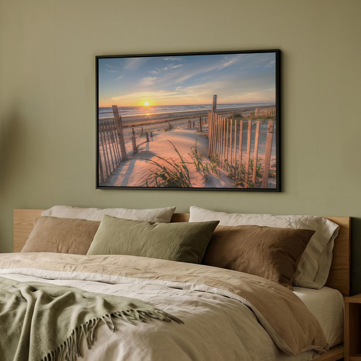 LEINWAND Bilder mit Rahmen - Strand - Meer - Düne - Sonnenuntergang - Landschaft - 80x60 - Beige, Textil (80/60cm) - MuchoWow