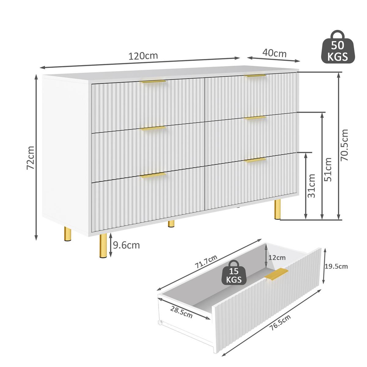 SIDEBOARD weiß gold 6 schubladen 120cm modern - Weiß, Holzwerkstoff (120/72/40cm) - Urban Meuble