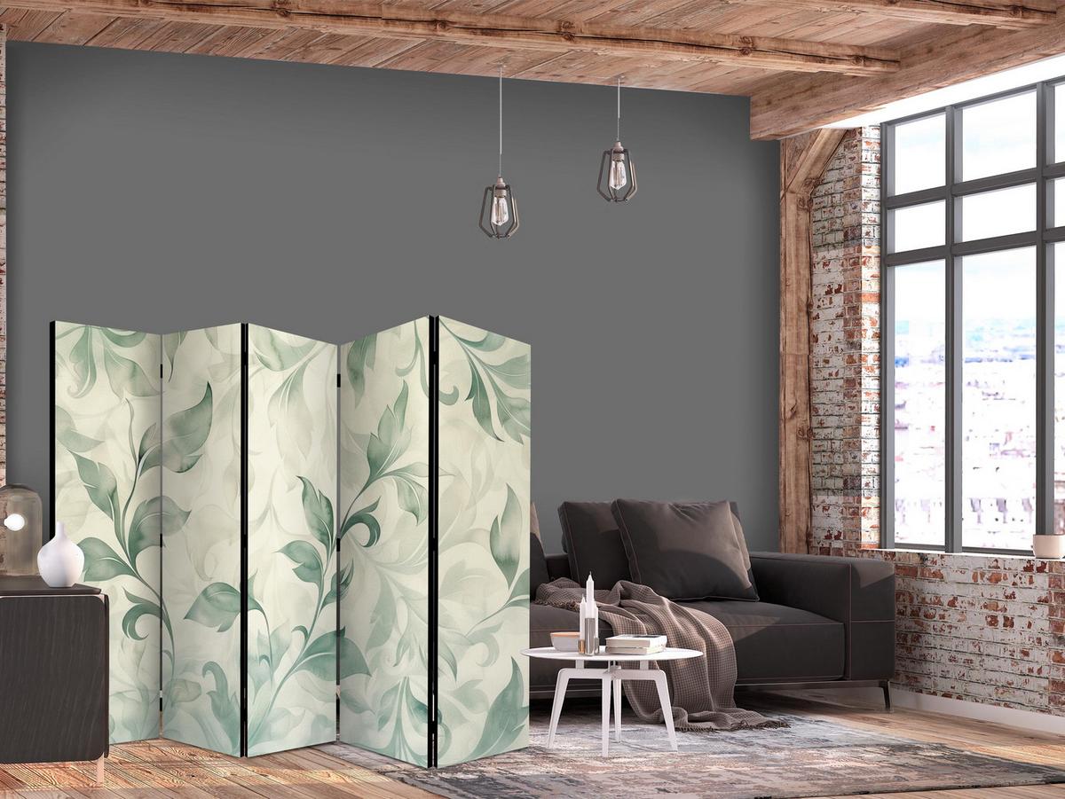 PARAVENT 5-tlg 225x172 cm Grüne Blätter - Creme, Holz/Textil (225/172/3cm) - Muralo
