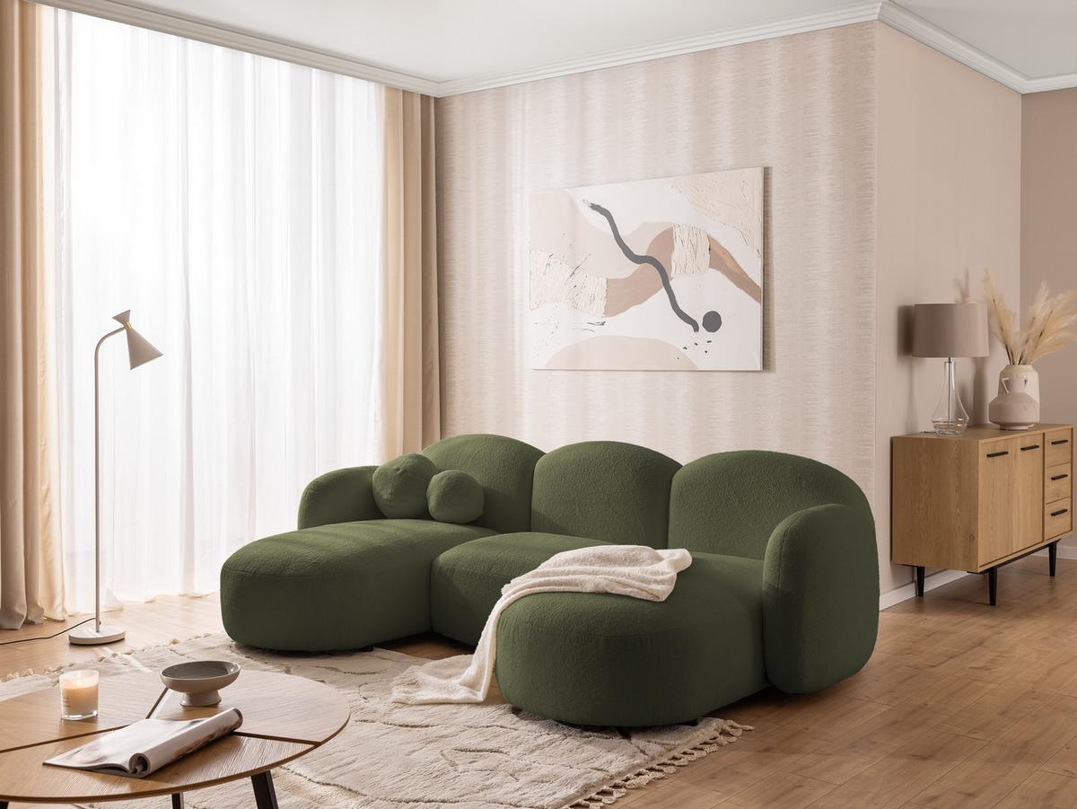 WOHNLANDSCHAFT Nuvola mit abgerundetem Design Grün Bouclé-Stoff - Schwarz/Grün, Holz/Kunststoff (268/80/146cm) - S-Style