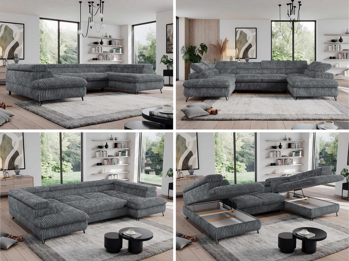 WOHNLANDSCHAFT PEDRO U Cord Dunkelgrau - Dunkelgrau/Schwarz, Textil/Metall (346/76/208cm) - MKS