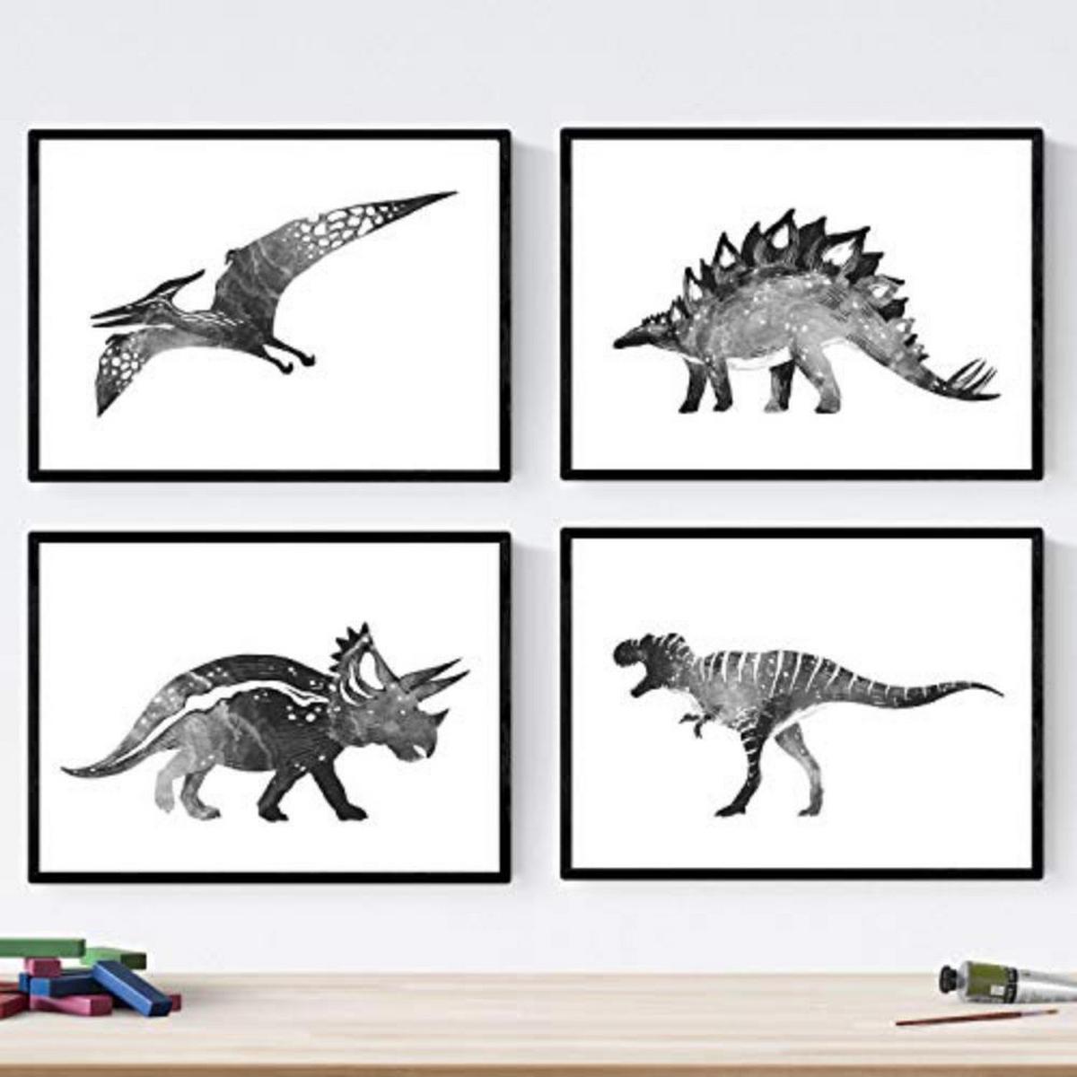 POSTER Set mit 4 Dinosaurios weiß negro A4 Schwarzer Rahmen - Schwarz, Papier (29.7/3cm) - Nacnic