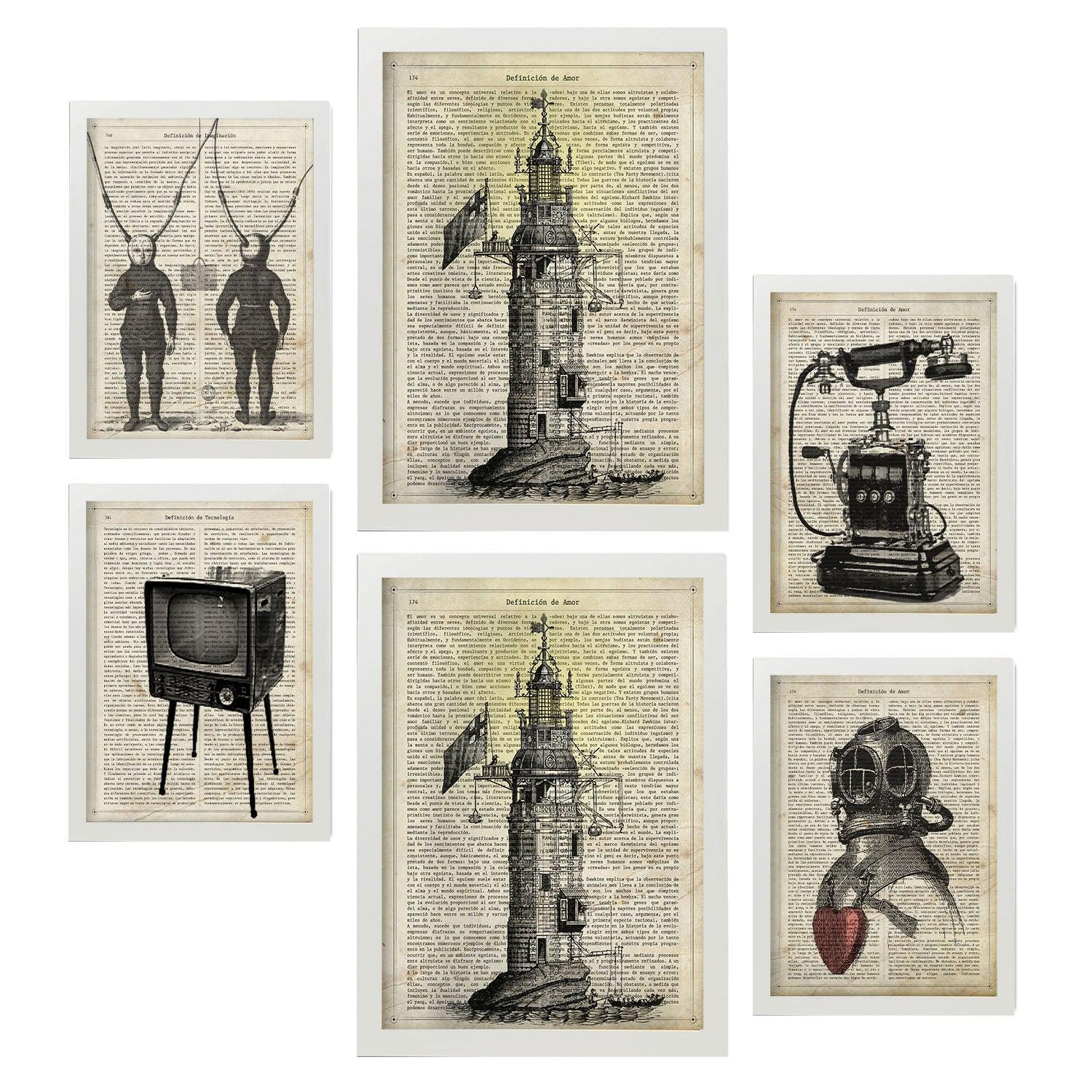 POSTER Set Mit 6 Jahrgang Vintage Papier Plakate Mit Enzyklopädie Revolutionäre Erfindungen Aus Dem Letzten Jahrhundert A3 & A4 Weißer Rahmen - Weiß, Papier (29/3cm) - Nacnic
