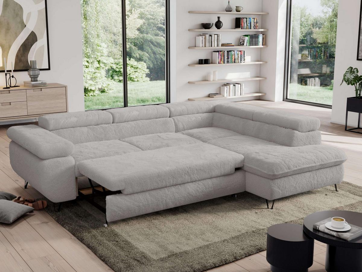 ECKSOFA PEDRO L Hellgrau Plüsch - Rechts Seite - Hellgrau/Schwarz, Textil/Metall (273/208cm) - MKS