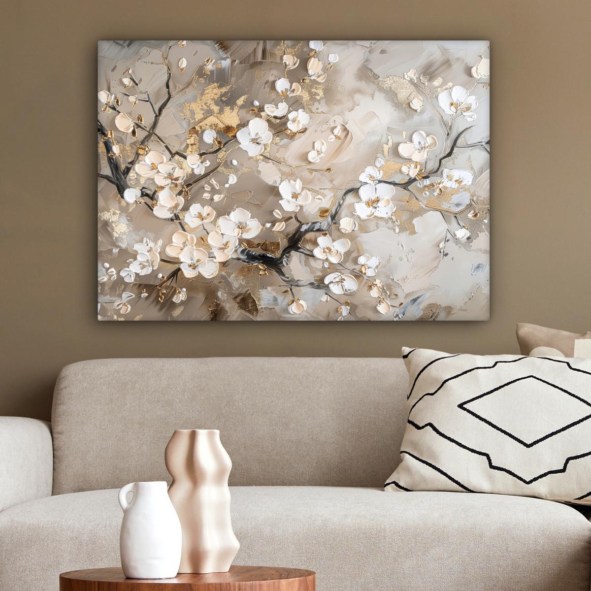 LEINWANDBILD Blumen - Weiß - Gold - Beige - Luxus Wandbilder 80x60 cm - Greige, Textil (80/60cm) - MuchoWow