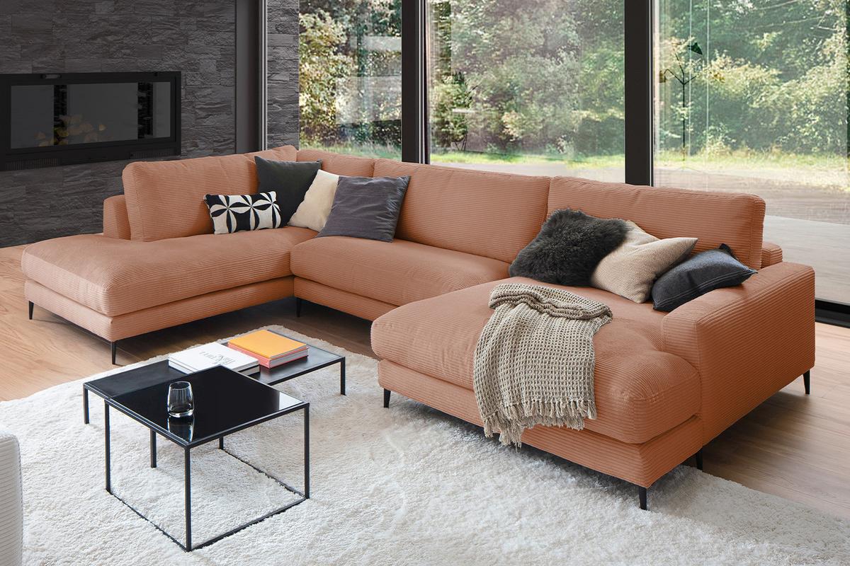 WOHNLANDSCHAFT CARA Braun Cord - Schwarz/Braun, Textil (341/84/223cm) - KAWOLA