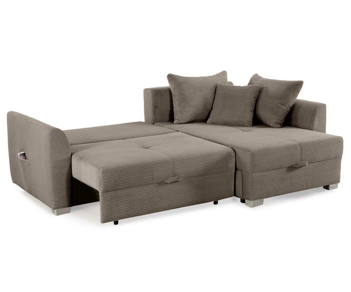 ECKSOFA mit Schlaffunktion und Bettkasten, seitenverkehrt montierbar B236/T160/H81 cm, Liegefl. 142x202 cm, Cord Braun Taupe / 15208 - Chromfarben/Braun, Kunststoff/Textil (236/160cm) - luma-home