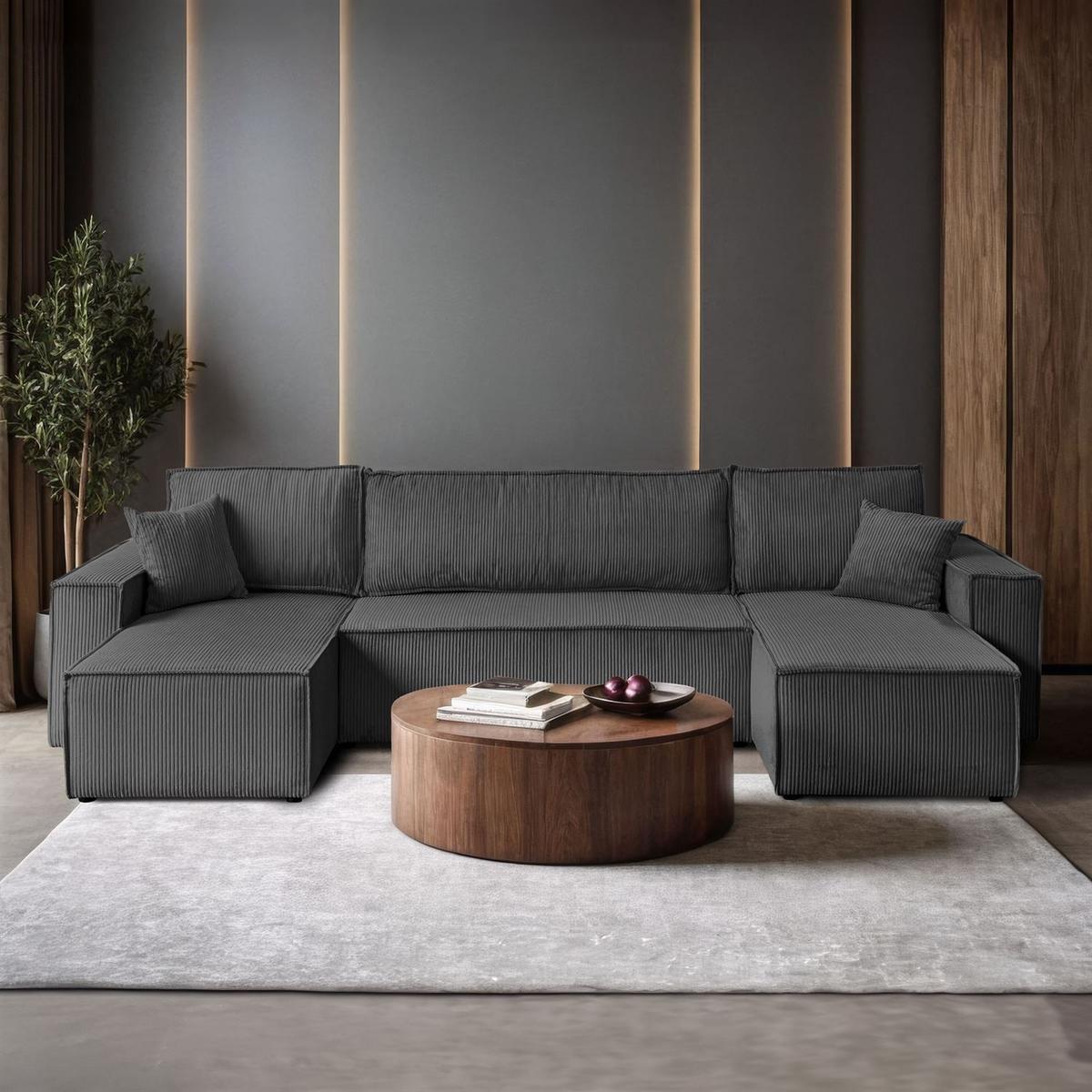 WOHNLANDSCHAFT Gepolstertes CARLO U Cord mit Schlaffunktion und Bettkasten, Poso 60 - Grau, Textil (315/83/143cm) - Lookway