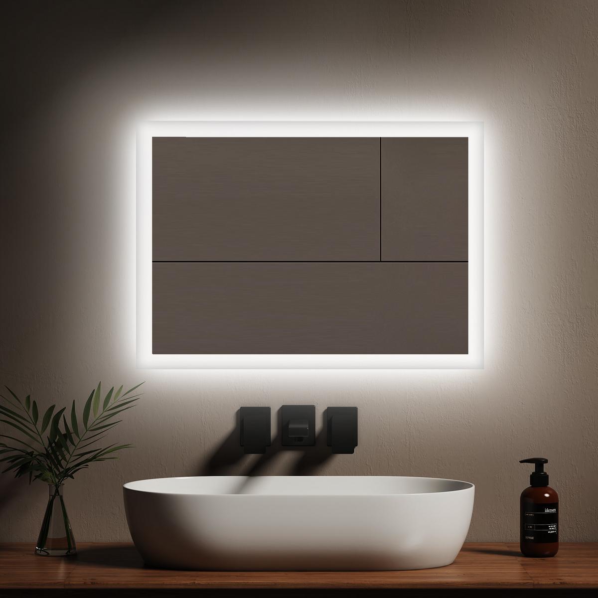 BADSPIEGEL mit Beleuchtung, mechanischem Schalter & Antibeschlag-Funktion, 70/50 cm - Transparent, Glas (70/50/3.5cm) - EMKE