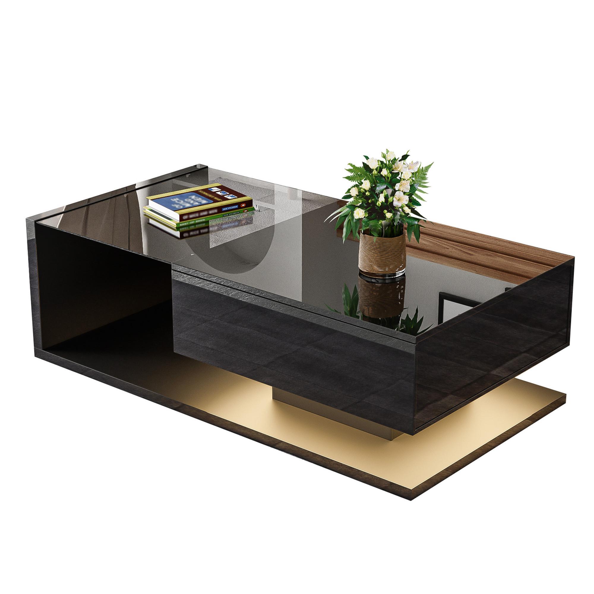 COUCHTISCH Hochglanz Schwarz mit Glas, LED-Beleuchtung & Stauraum - Schwarz, Holzwerkstoff (55/105/32.5cm) - Urban Meuble