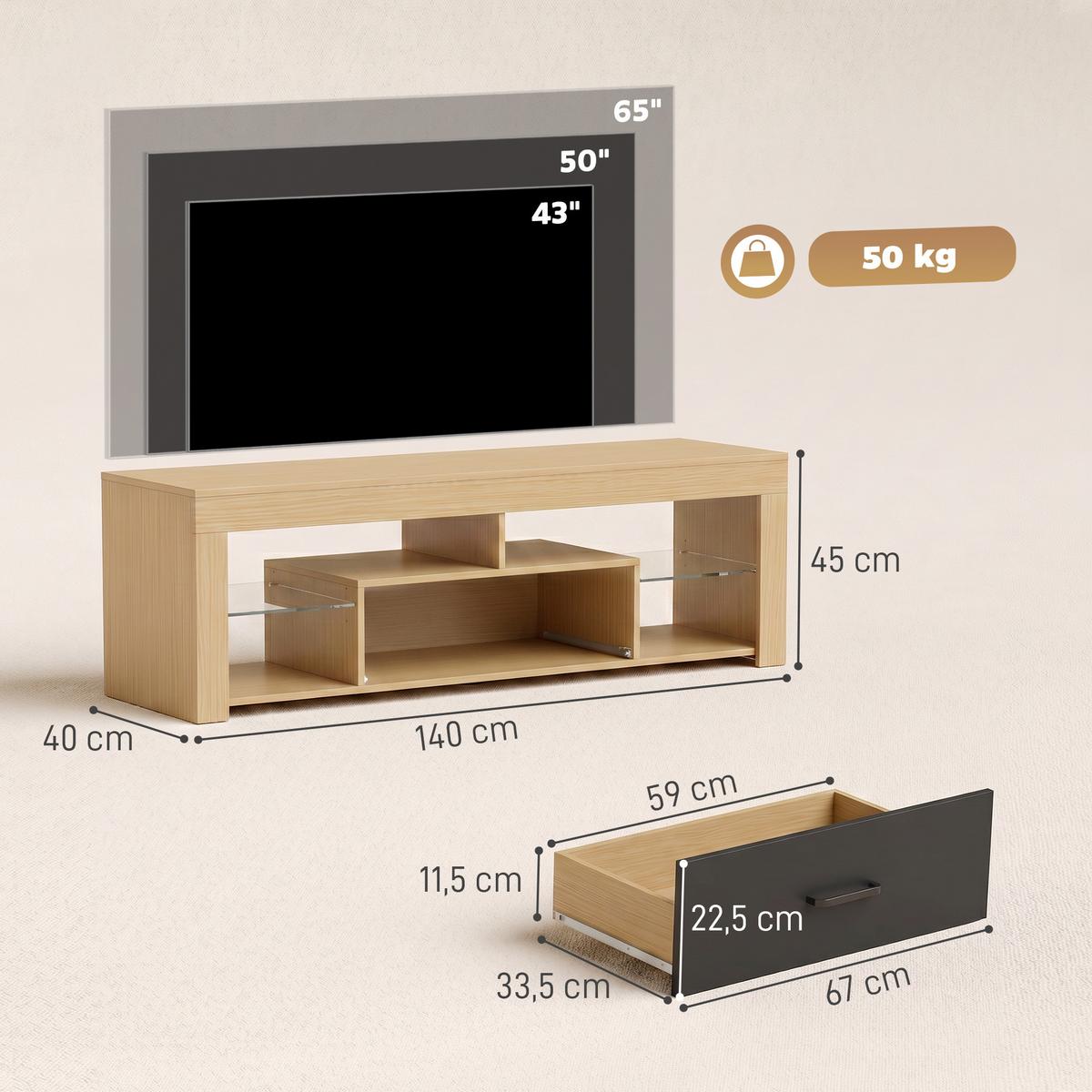 TV-LOWBOARD Spanplatte Glas Eiche - Eichefarben, Glas/Holzwerkstoff (40/45/140cm) - HOMCOM
