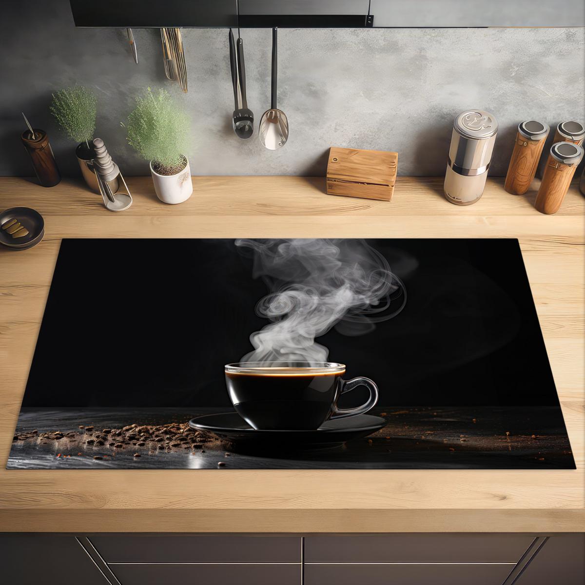 HERDABDECKPLATTE Kaffee - Schwarz - Bohnen - Heiß - Tasse Induktionsschutz 91.2x52 cm - Schwarz, Kunststoff (91.2/52/0.2cm) - MuchoWow
