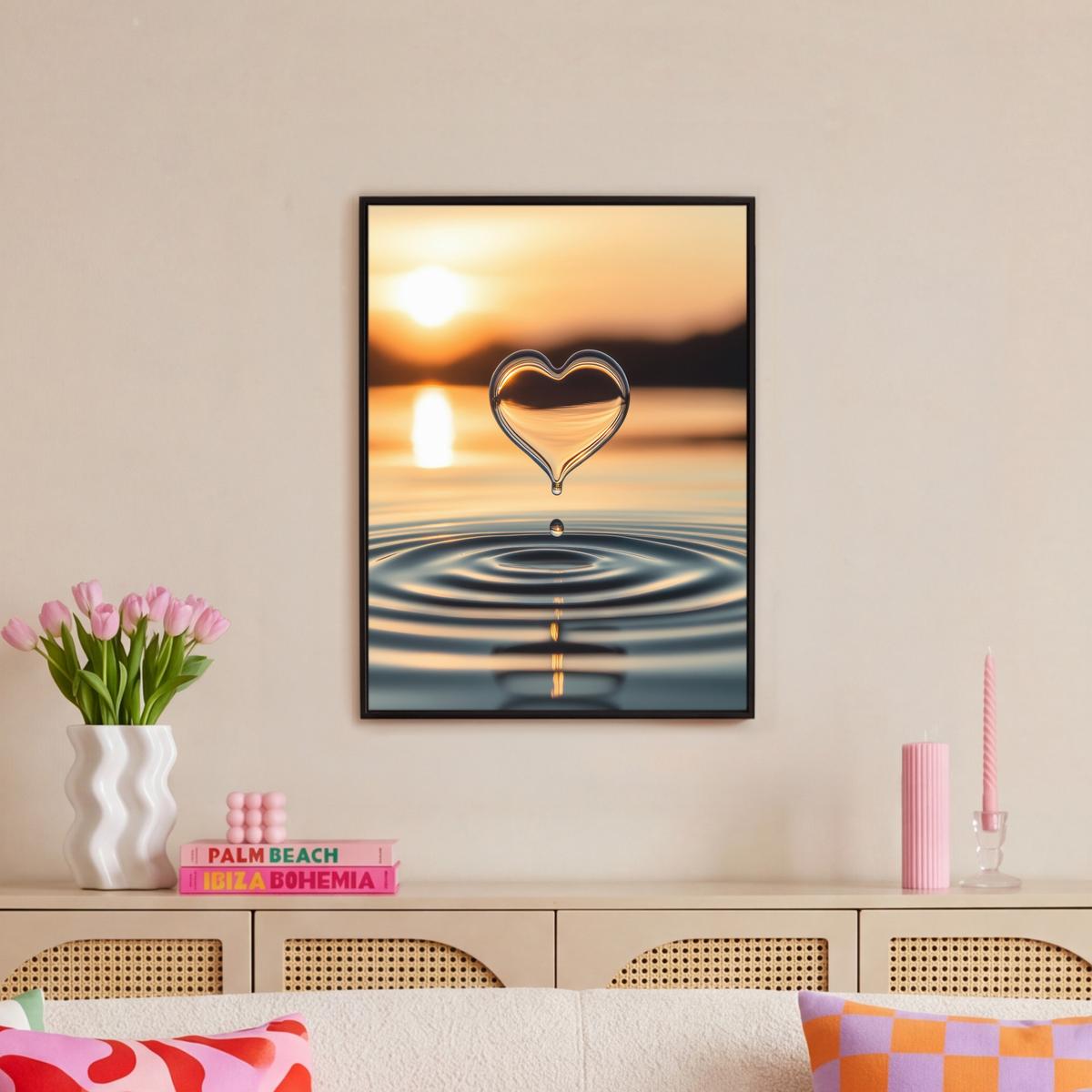 LEINWAND Bilder mit Rahmen - Herz - Wasser - Sonnenuntergang - Natur - Zen - 50x70 - Bernsteinfarben, Textil (50/70cm) - MuchoWow