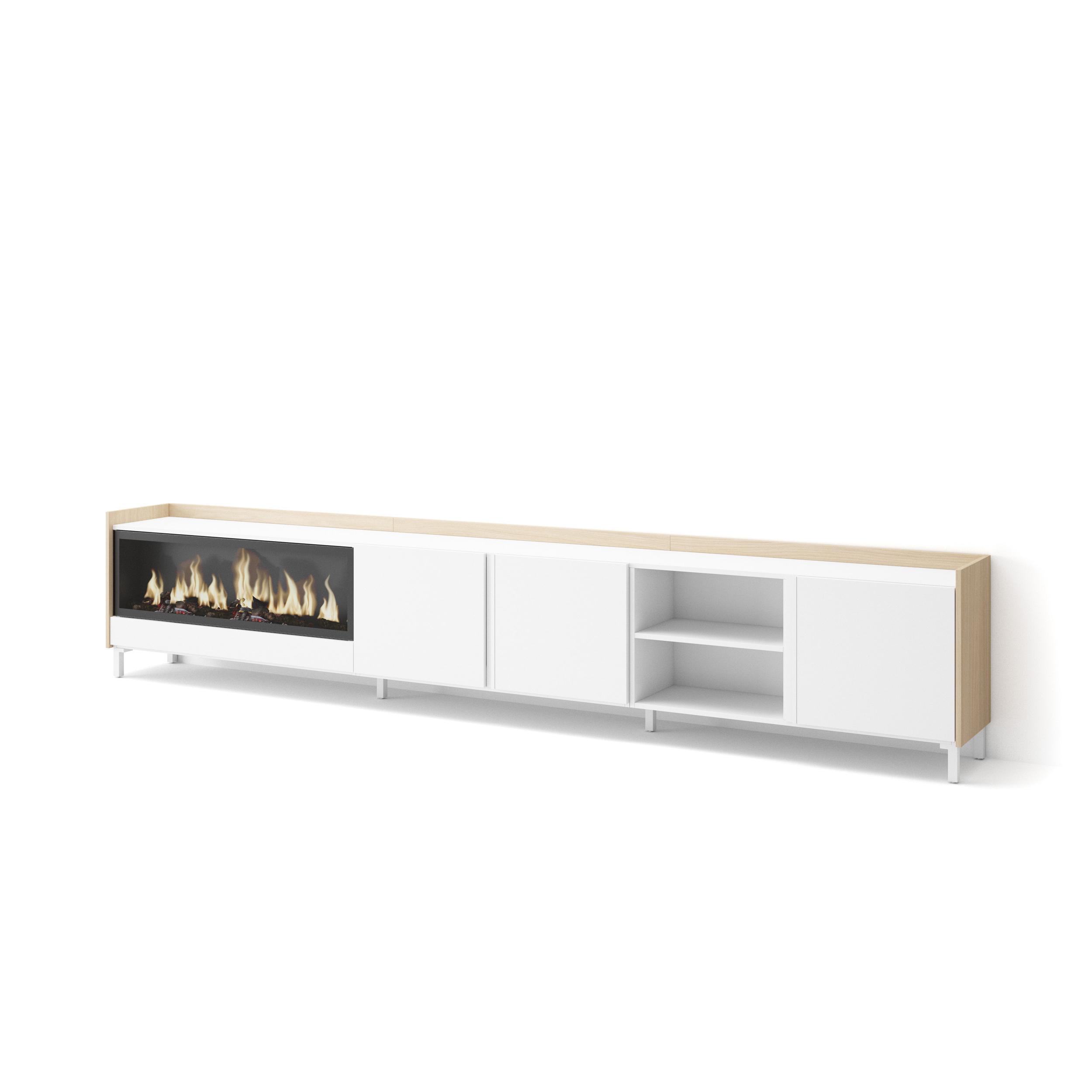 LOWBOARD, Weiß und Eiche, 315/35/61cm, Kamin mit Feuereffekt XXL - Weiß, Holzwerkstoff (315/61/35cm) - Skraut Home