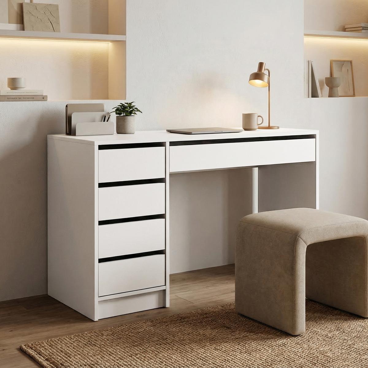 SCHREIBTISCH Malta mit 5 Schubladen, grifflos, Weiß - Weiß, Holzwerkstoff (57/120/75.5cm) - Beautysofa