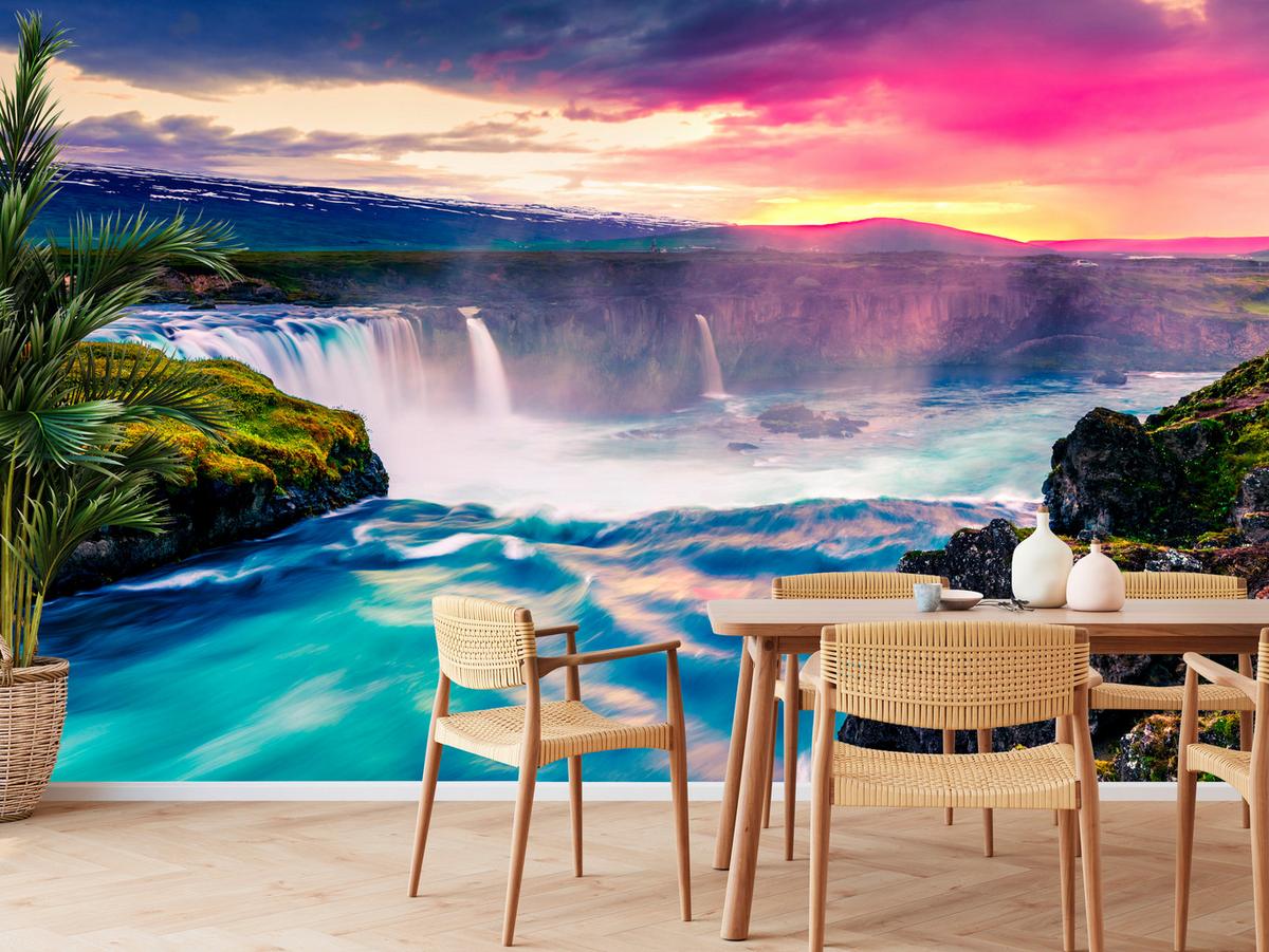 FOTOTAPETE für Esszimmer Godafoss Wasserfall Sonnenuntergang Natur 300x210 - Multicolor, Papier (300/210cm) - Muralo