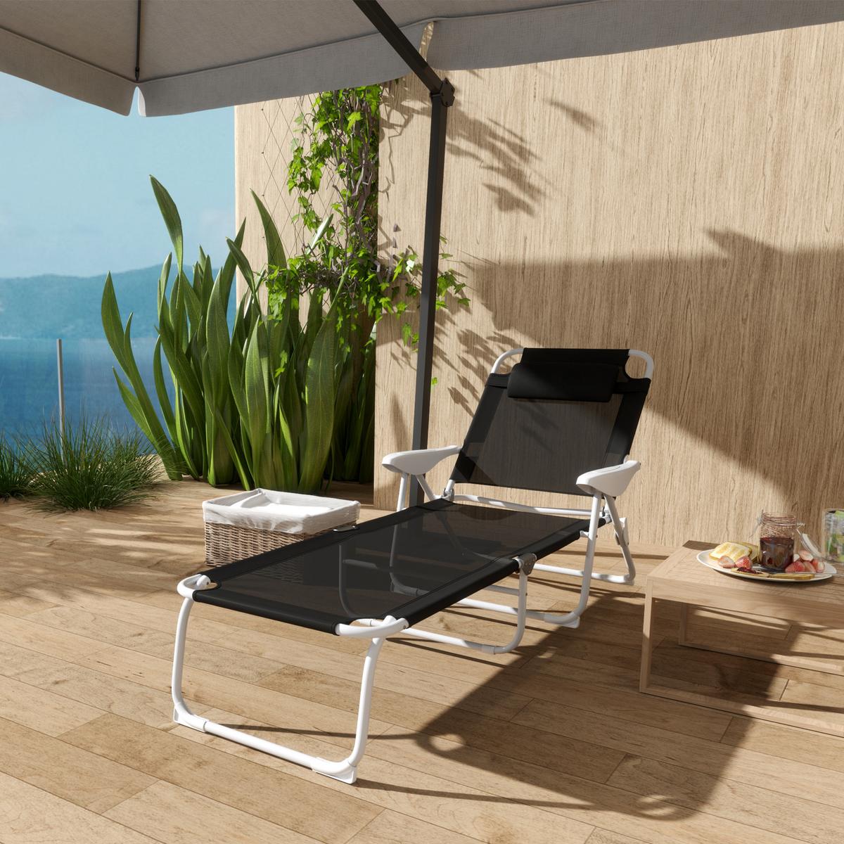 SONNENLIEGE mit Kissen Schwarz - Schwarz/Weiß, Textil/Metall (66/98/160cm) - Outsunny