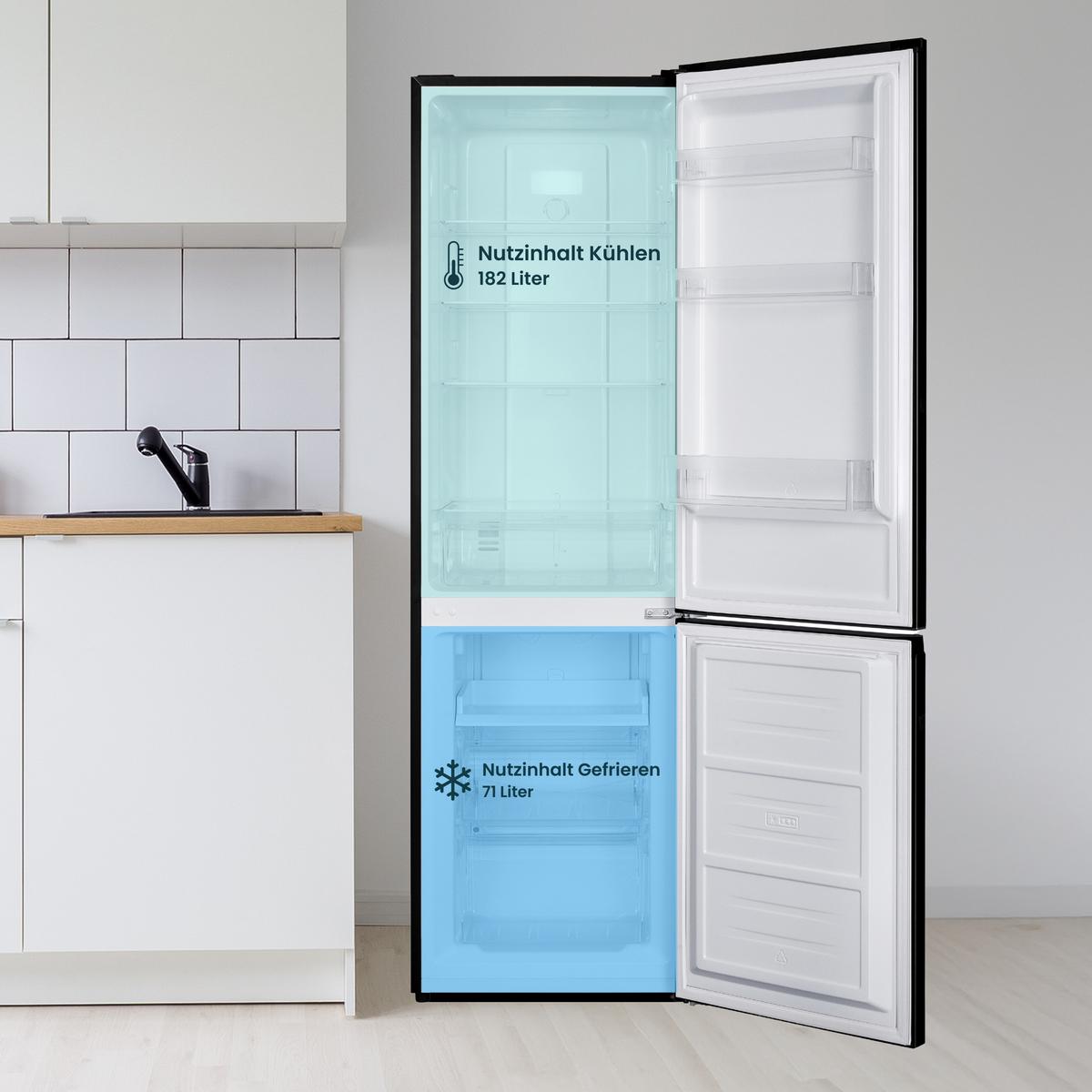 KÜHL-GEFRIER-KOMBINATION, No Frost, freistehend, groß - 253 Liter, EEK C, Kühlschrank mit Gefrierfach, schwarz - Schwarz, Glas/Kunststoff (54.5/181/61.6cm) - homeX