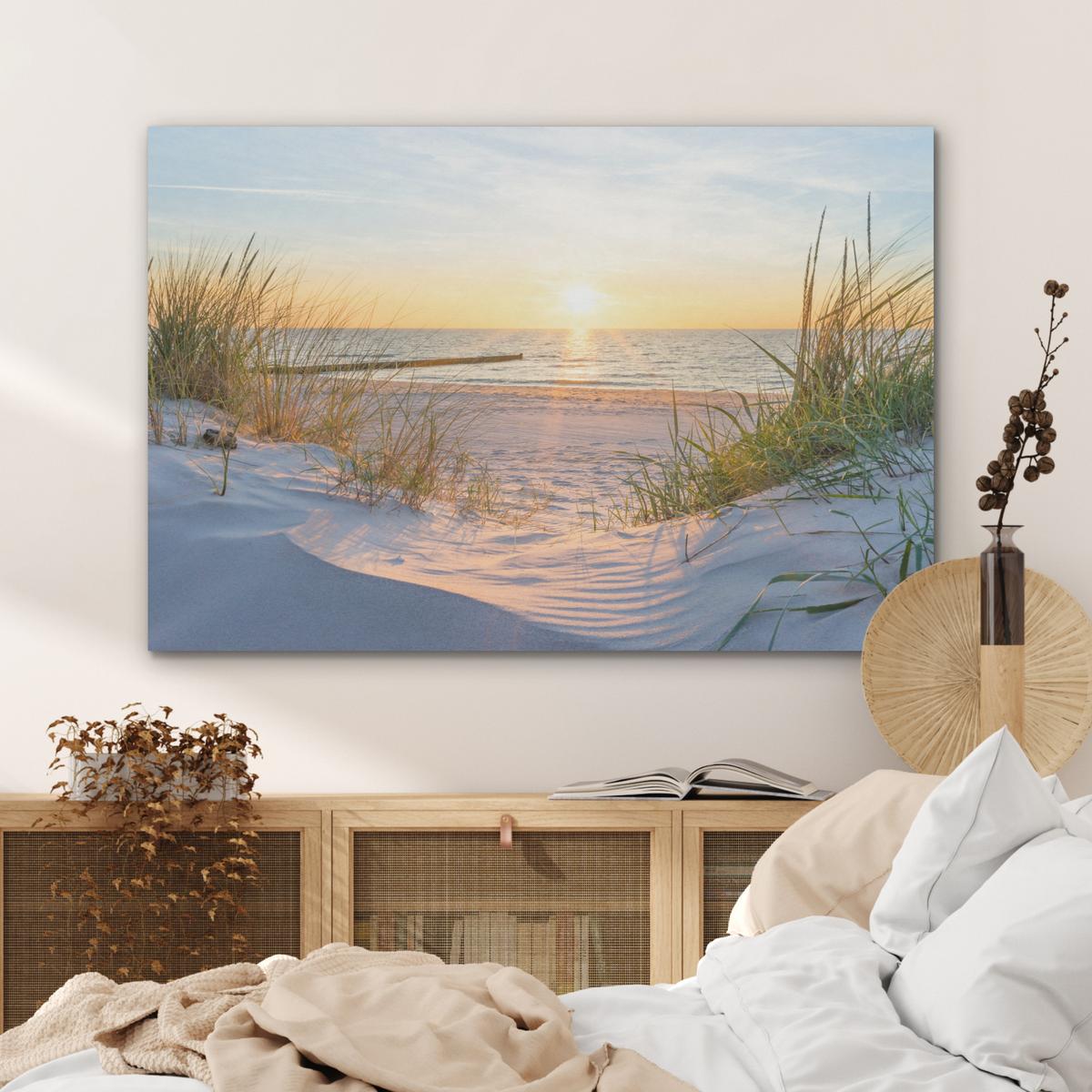 AKUSTIKBILD Strand - Sonne - Düne - Gras - Sand - Horizont Wandbild Wohnzimmer 100x70 cm - Hellblau, Kunststoff (100/70/0.9cm) - MuchoWow