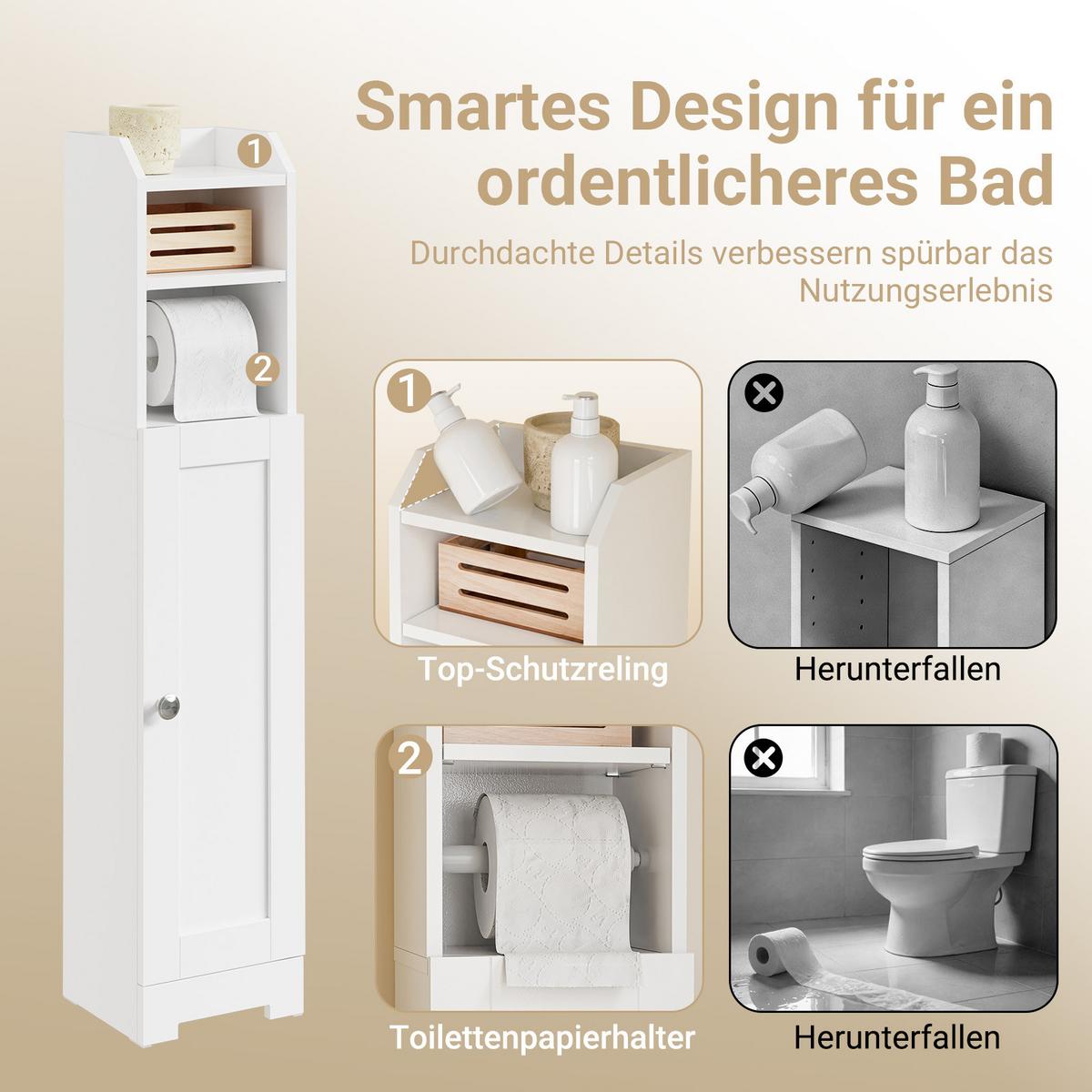 TOILETTENSCHRANK MIT TOILETTENPAPIERHALTER, 1 Tür Weiß 20x18x95cm Modern - Weiß, Holzwerkstoff (18/95/20cm) - SoBuy
