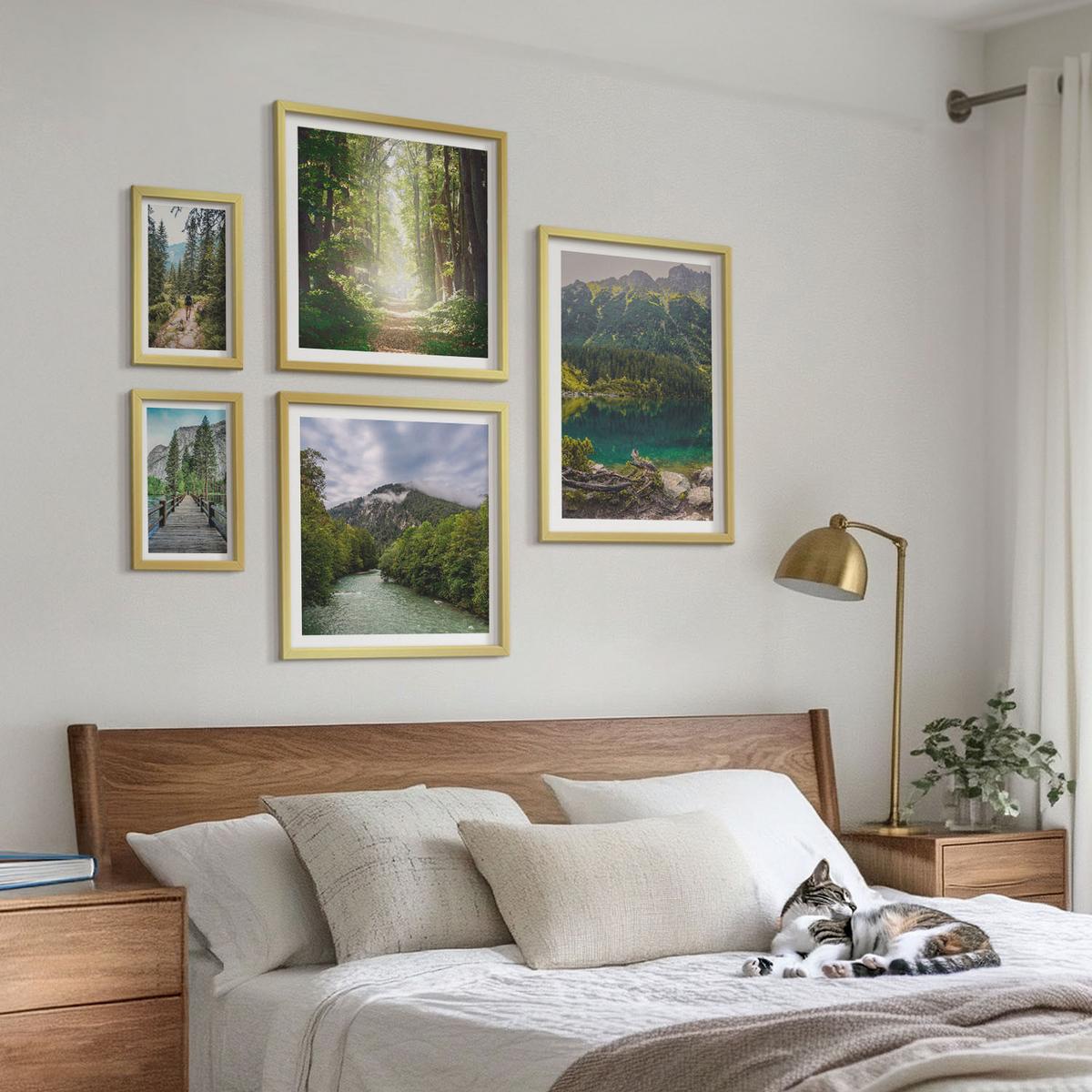 BILDER SET 5er Set - 50x50 cm & 20x30 cm & 40x60 cm Goldrahmen - Straße Wald Berge Hirsch Natur - Goldfarben, Kunststoff (40/60cm) - TULUP
