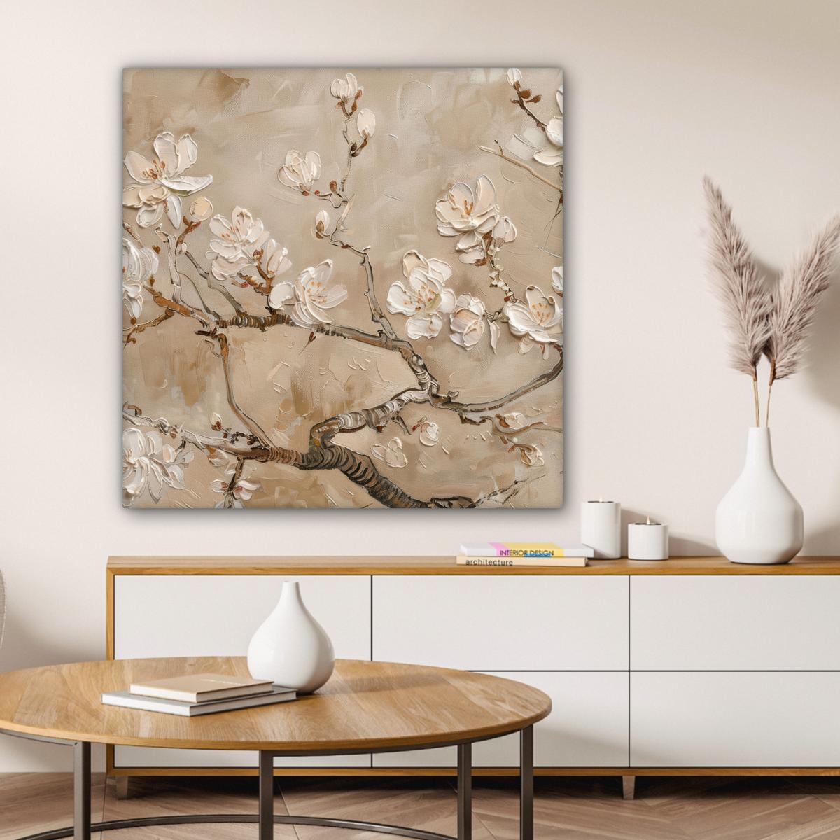 LEINWANDBILD Blumen - Modern - Beige - Weiß - Blüte Deko Groß 90x90 cm - Beige, Textil (90/90cm) - MuchoWow