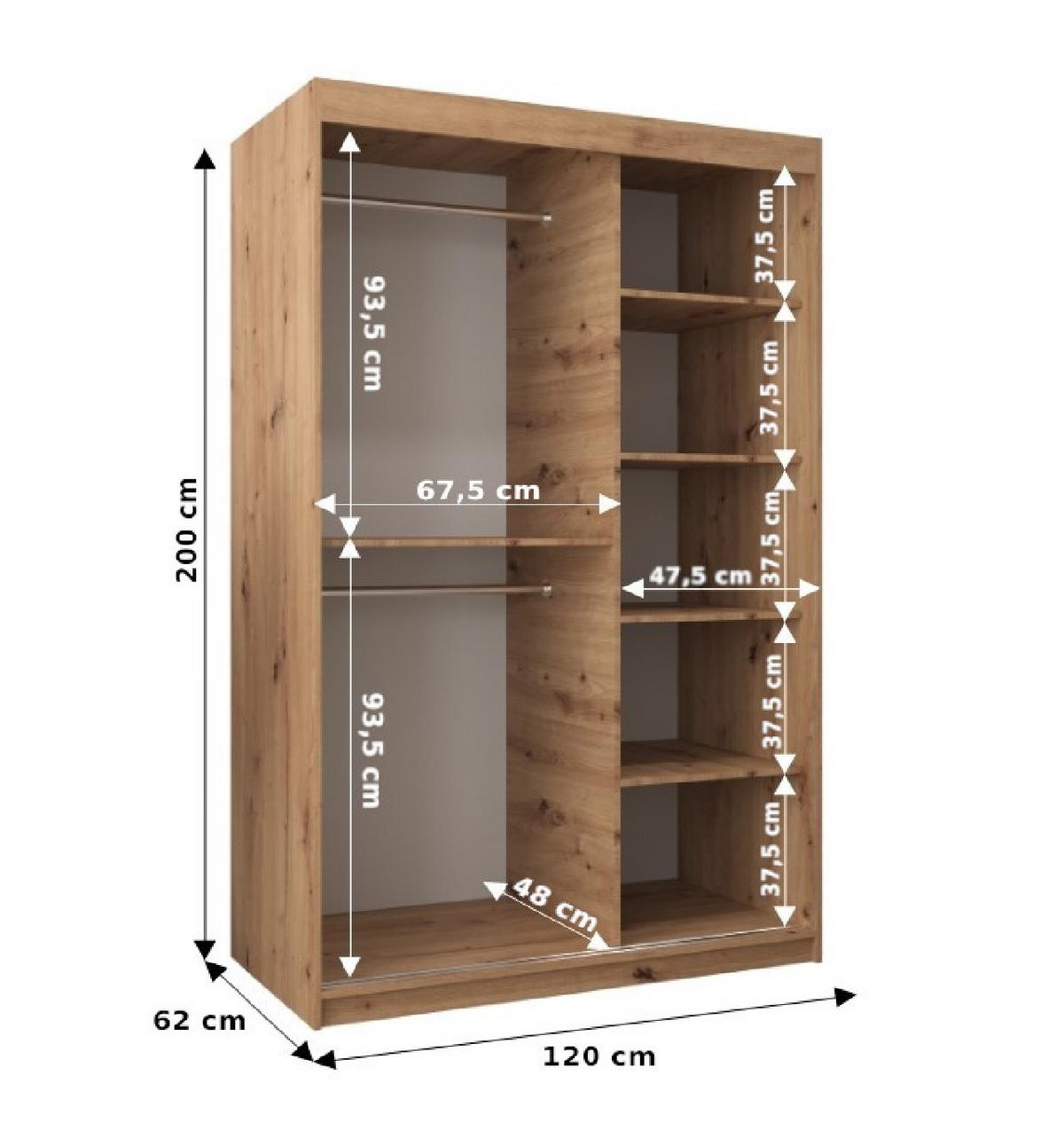 SCHWEBETÜRENSCHRANK 200/120/62 2-türig - Silberfarben/Eiche Artisan, Holz/Kunststoff (120/200/62cm) - Abiks Möbel