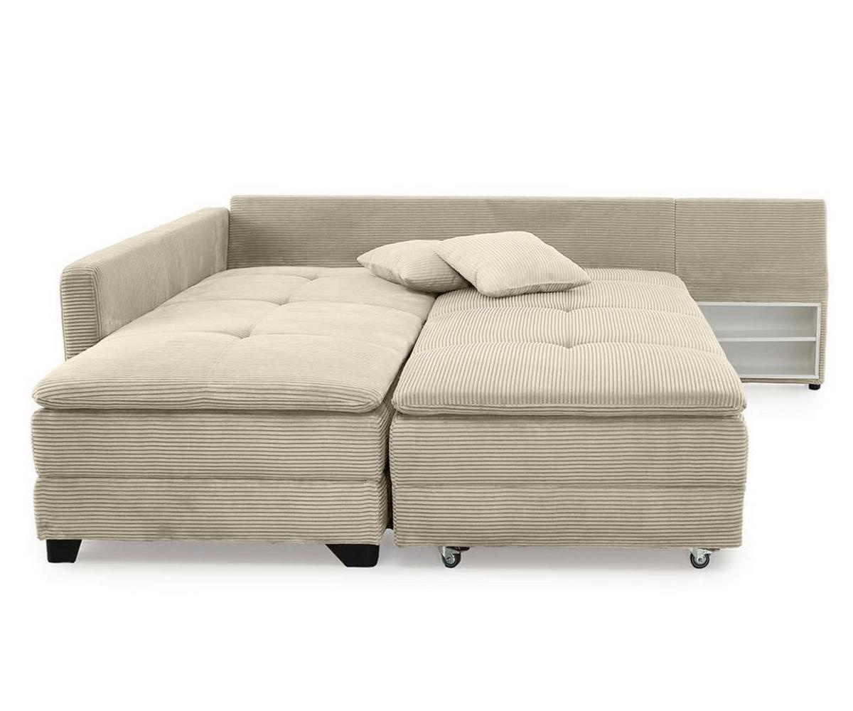 ECKSOFA-DAUERSCHLÄFER Doppelbett Boxspring Federkern Topper, seitenverkehrt montierbar B306/T223/H95 cm, Cord Beige Grau / 15161 - Greige/Schwarz, Kunststoff/Textil (306/223cm) - luma-home