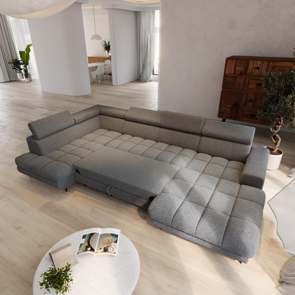 WOHNLANDSCHAFT CORENO Grau Boucle-Stoff mit Schlaffunktion - Grau, Holz (345/88/190cm) - MASSENO