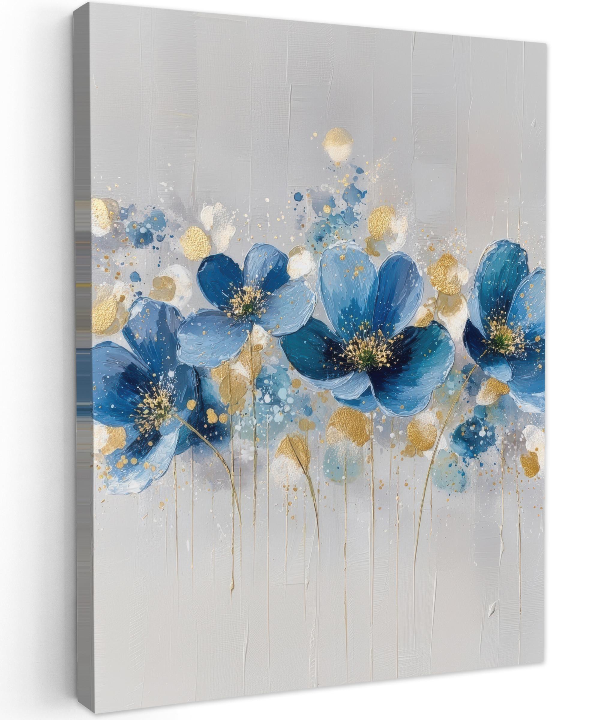 LEINWANDBILD Blumen - Blau - Abstrakt Wandbild Wohnzimmer 60x80 cm - Hellgrau, Textil (60/80cm) - MuchoWow