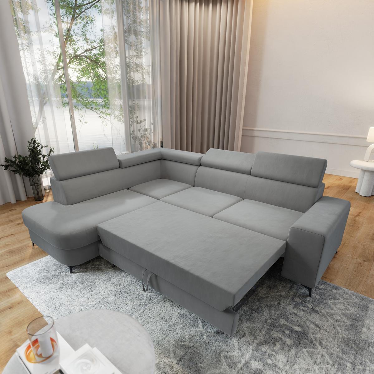 ECKSOFA ALVORO L-S Hellgrau Velours-Stoff mit Schlaffunktion - Hellgrau, Holz (253/190cm) - MASSENO