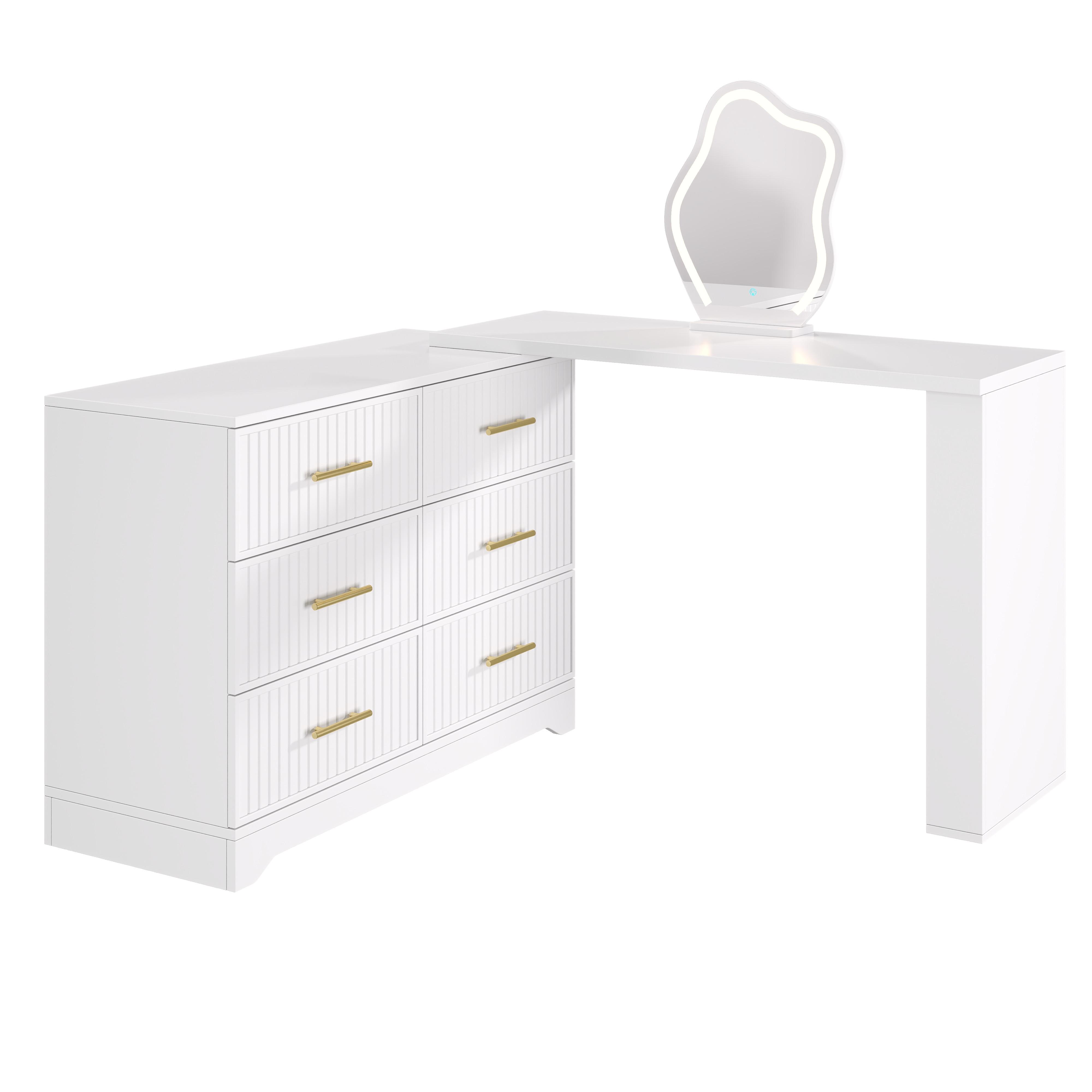 SCHMINKTISCH Drehbar L-Form Weiß Gold LED-Spiegel 6 Schubladen - Weiß, Holzwerkstoff (110/129/40cm) - Urban Meuble