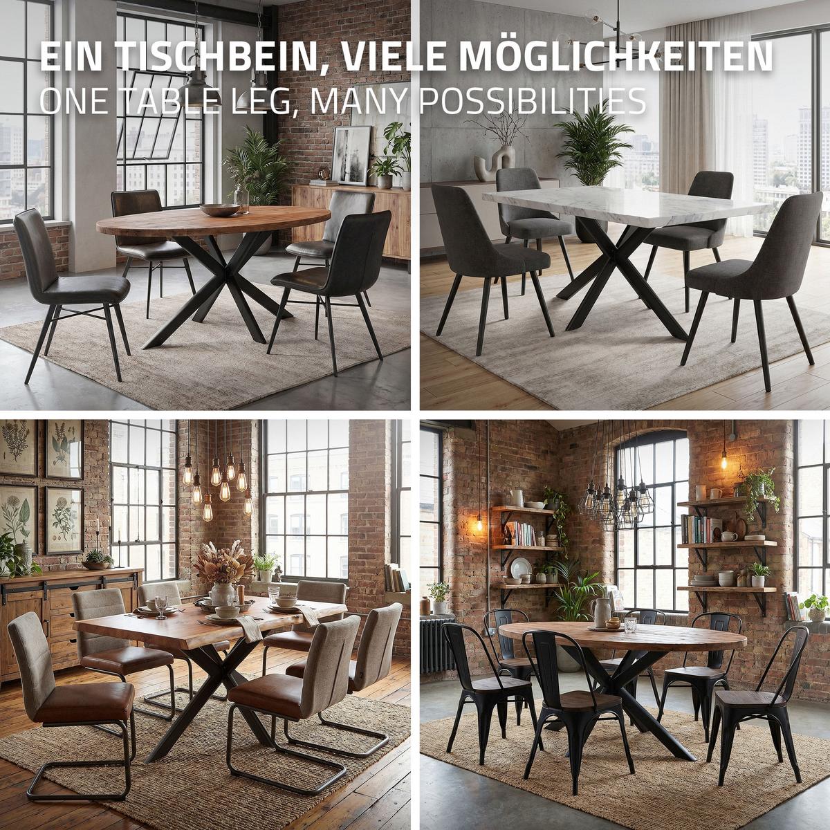 TISCHBEINE Metall Schwarz 120x78x71,5 cm X-Form Flach Tischgestell 4-beinig aus Stahl - Schwarz, Metall (120/71.5/78cm) - ML-DESIGN