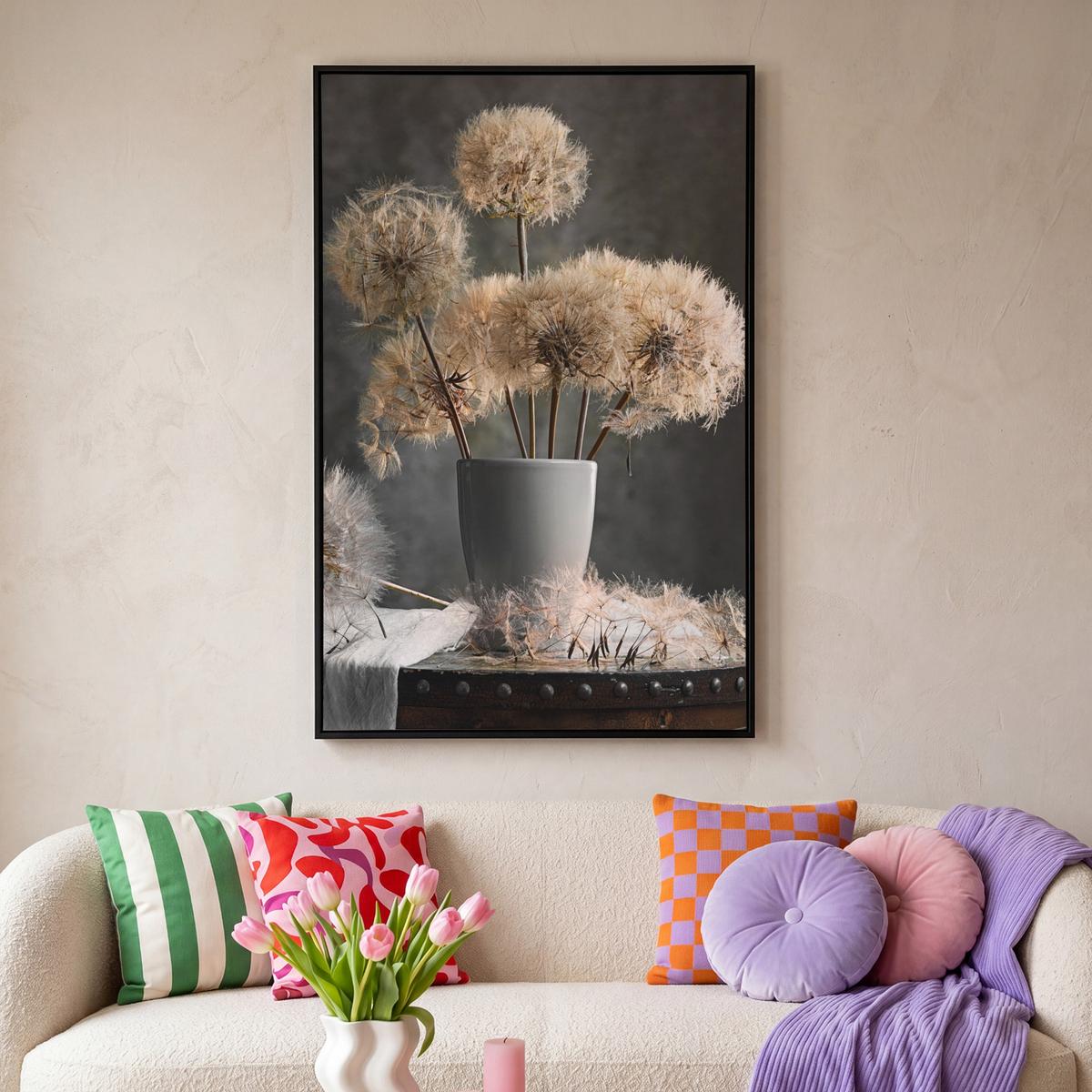 LEINWAND Bilder mit Rahmen - Blumensamen - Löwenzahn - Vase - Stilleben - Blumenstrauß - 90x140 - Dunkelgrau, Textil (90/140cm) - MuchoWow