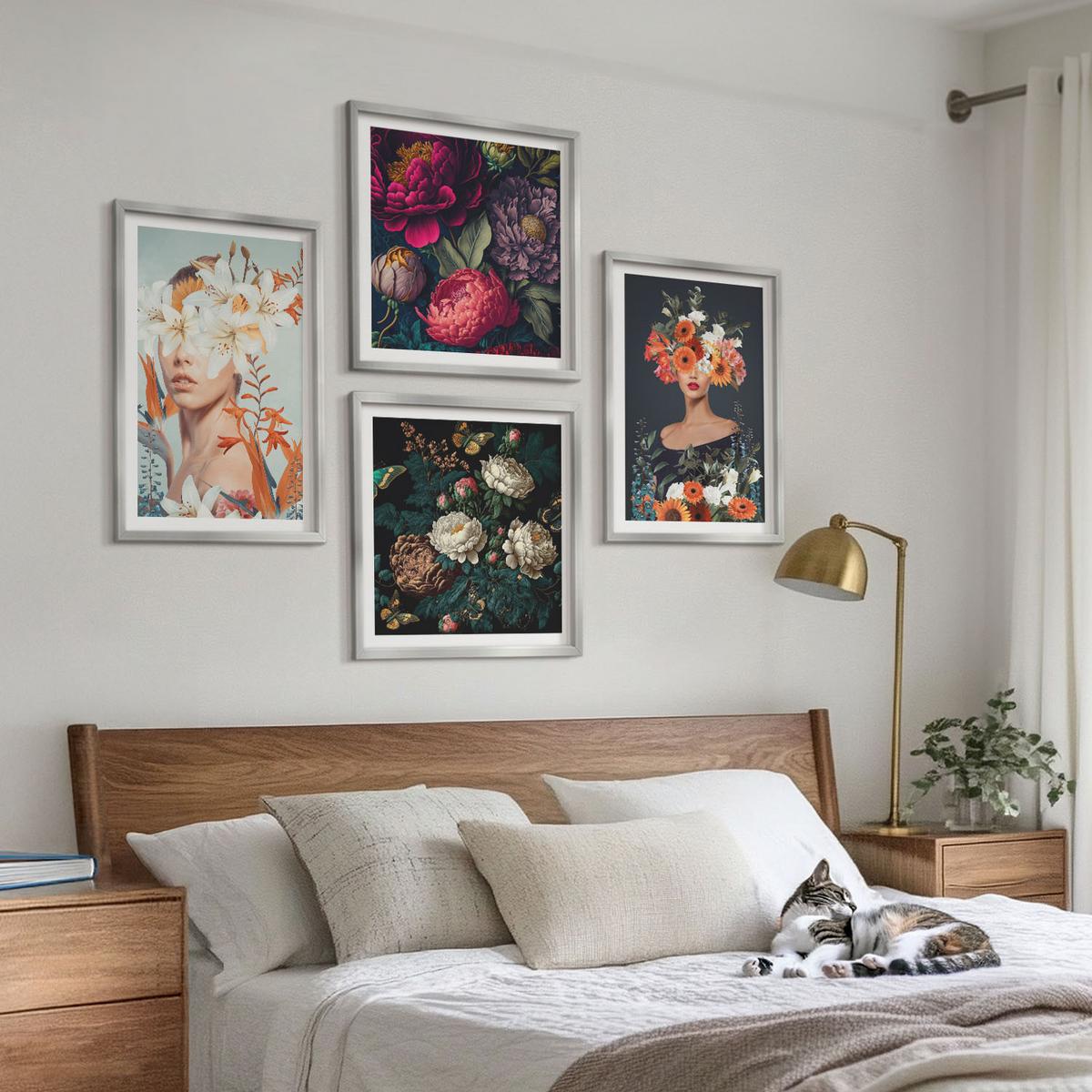 BILDER SET 4er Set - 50x50 cm & 40x60 cm Silberner Rahmen - Blumenporträts, Sträuße, Blätter - Silberfarben, Kunststoff (50/50cm) - TULUP