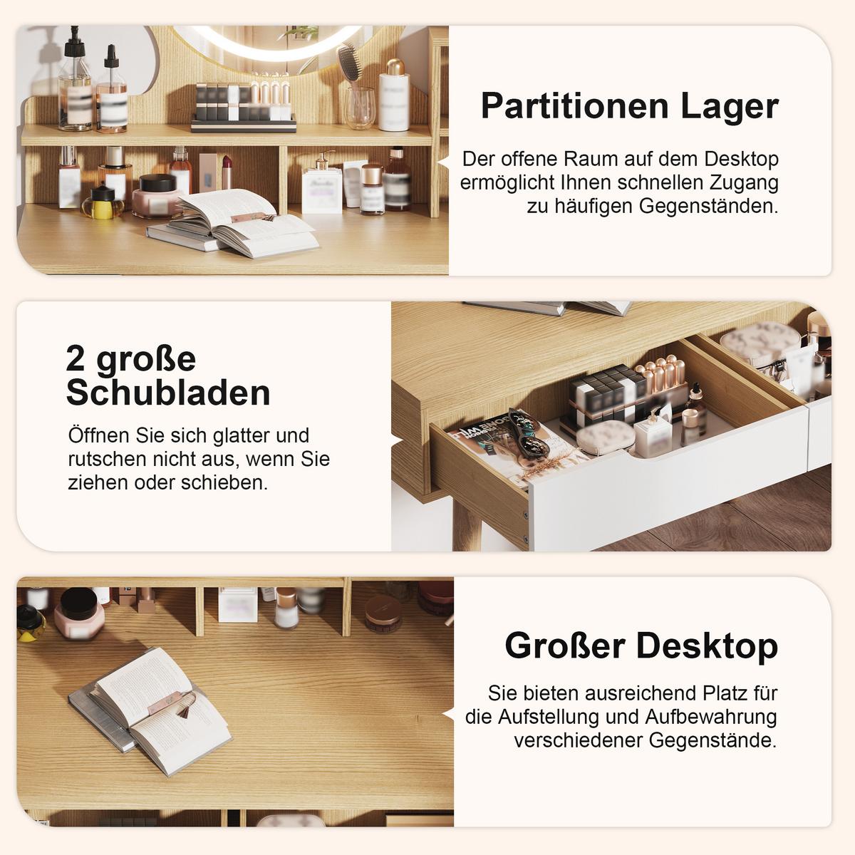 SCHMINKTISCH-SET in Holzoptik mit Weiß, LED-Spiegel, Hocker und 4 Schubladen - Naturfarben, Holzwerkstoff (80/135/40cm) - Urban Meuble