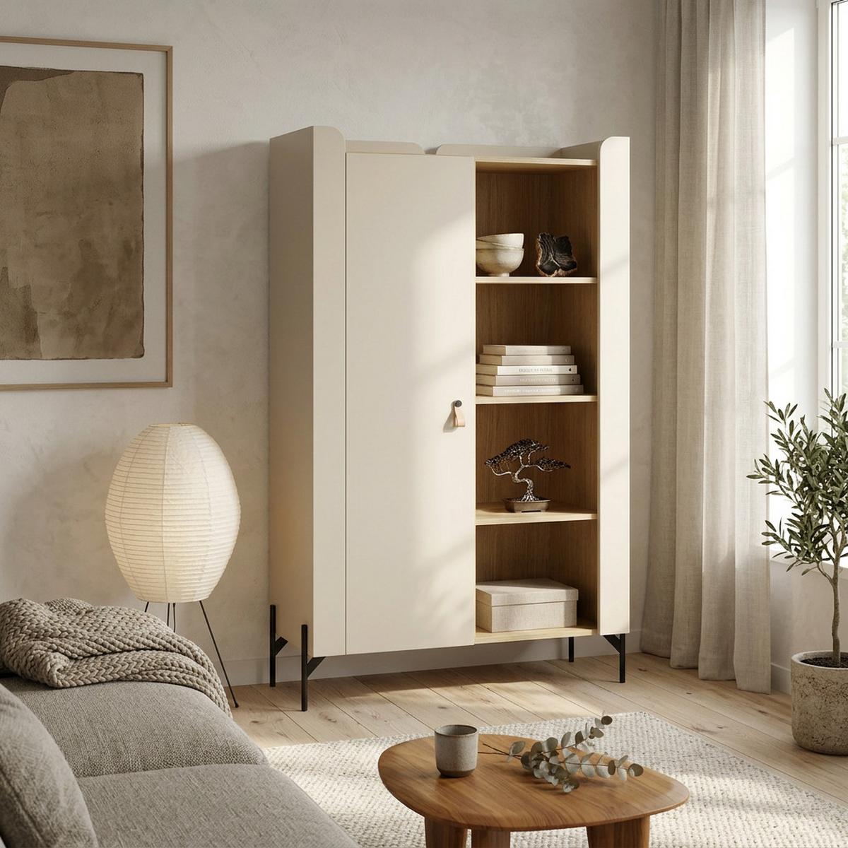 BÜCHERREGAL Sorella mit 1-türig, 3 offenen Regalböden, 100 cm, Macadamia + Eiche Mavelie - Eichefarben/Beige, Leder/Holzwerkstoff (100/151/51cm) - Beautysofa